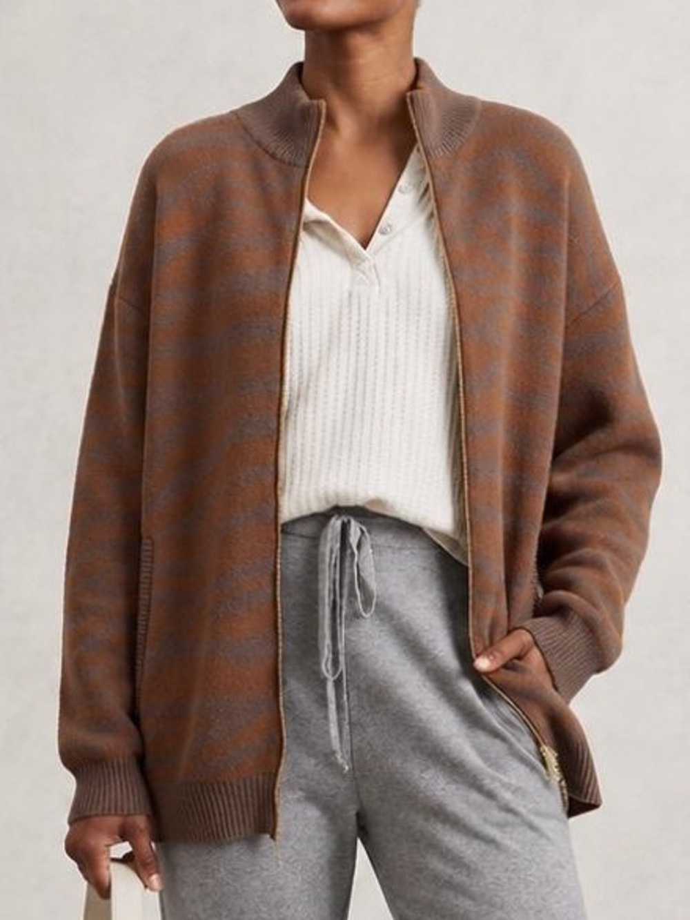 Varley Mayberry Full Zip Cardigan Sweater Brown Zebra S⁠
